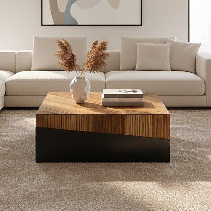 Two Tone Natural Bamboo Square Large Coffee Table with Dark Ebony Finish Base, Gabor - Joe’s Haven