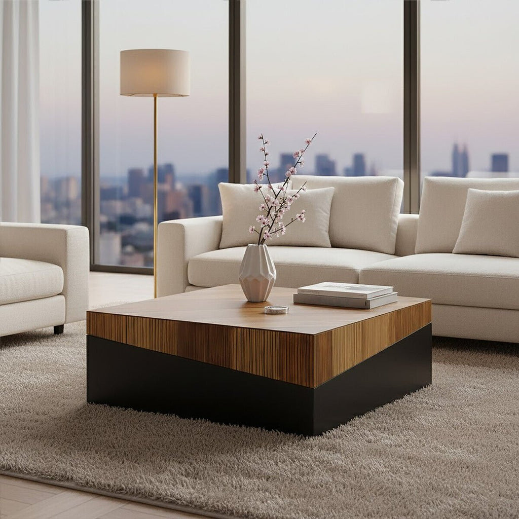 Two Tone Natural Bamboo Square Large Coffee Table with Dark Ebony Finish Base, Gabor - Joe’s Haven