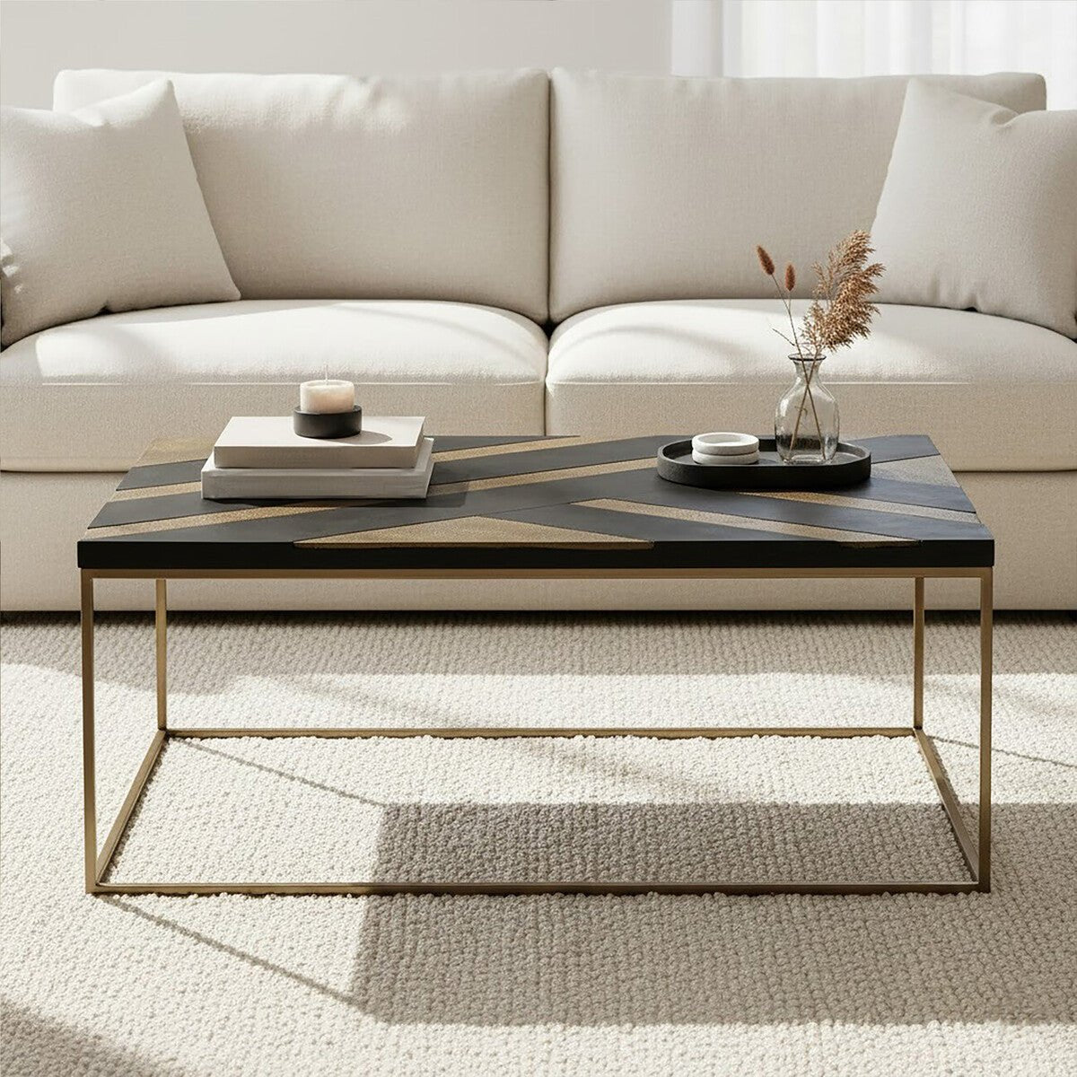 Aris Black and Gold Striped Acacia wood Coffee Table with Interconnected Metal Legs, Aris - Joe’s Haven