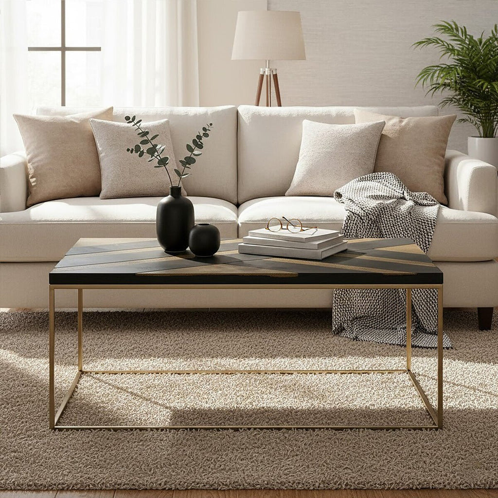 Aris Black and Gold Striped Acacia wood Coffee Table with Interconnected Metal Legs, Aris - Joe’s Haven