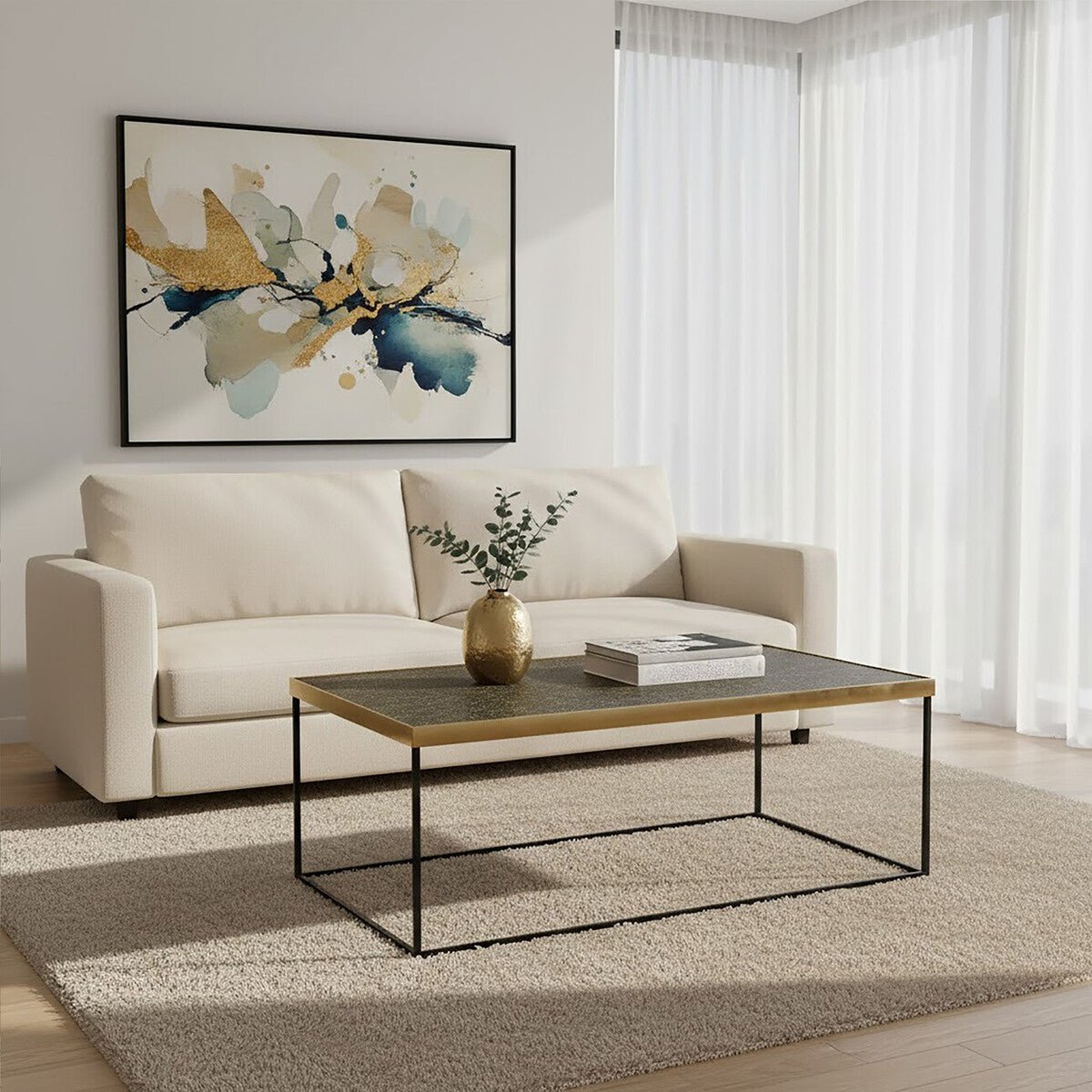 Gold Finish Coffee Table with Black Metal Interconnected Legs, Akola - Joe’s Haven