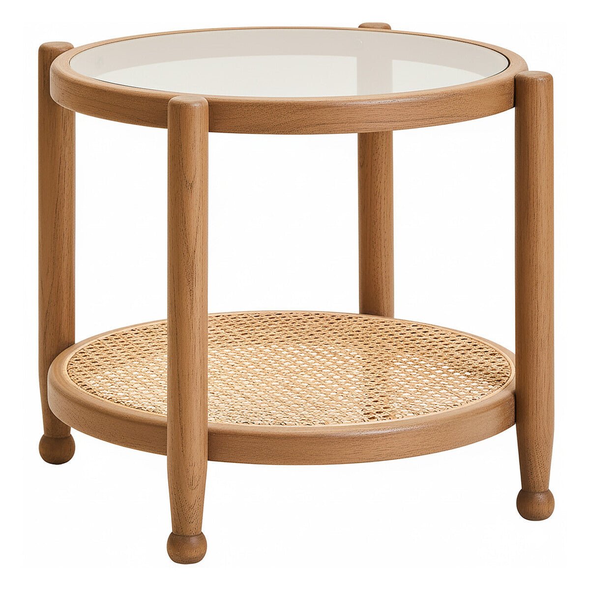 Grey Wash Elm Wood Side Table with Glass Top and Cane Shelf, Cebu - Joe’s Haven