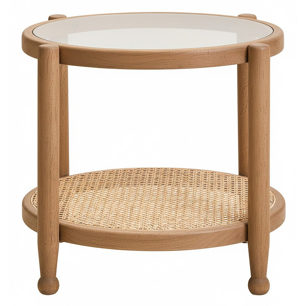 Grey Wash Elm Wood Side Table with Glass Top and Cane Shelf, Cebu - Joe’s Haven