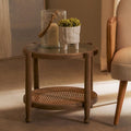 Grey Wash Elm Wood Side Table with Glass Top and Cane Shelf, Cebu - Joe’s Haven