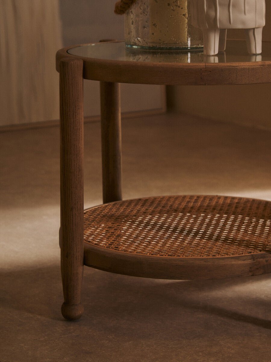 Grey Wash Elm Wood Side Table with Glass Top and Cane Shelf, Cebu - Joe’s Haven