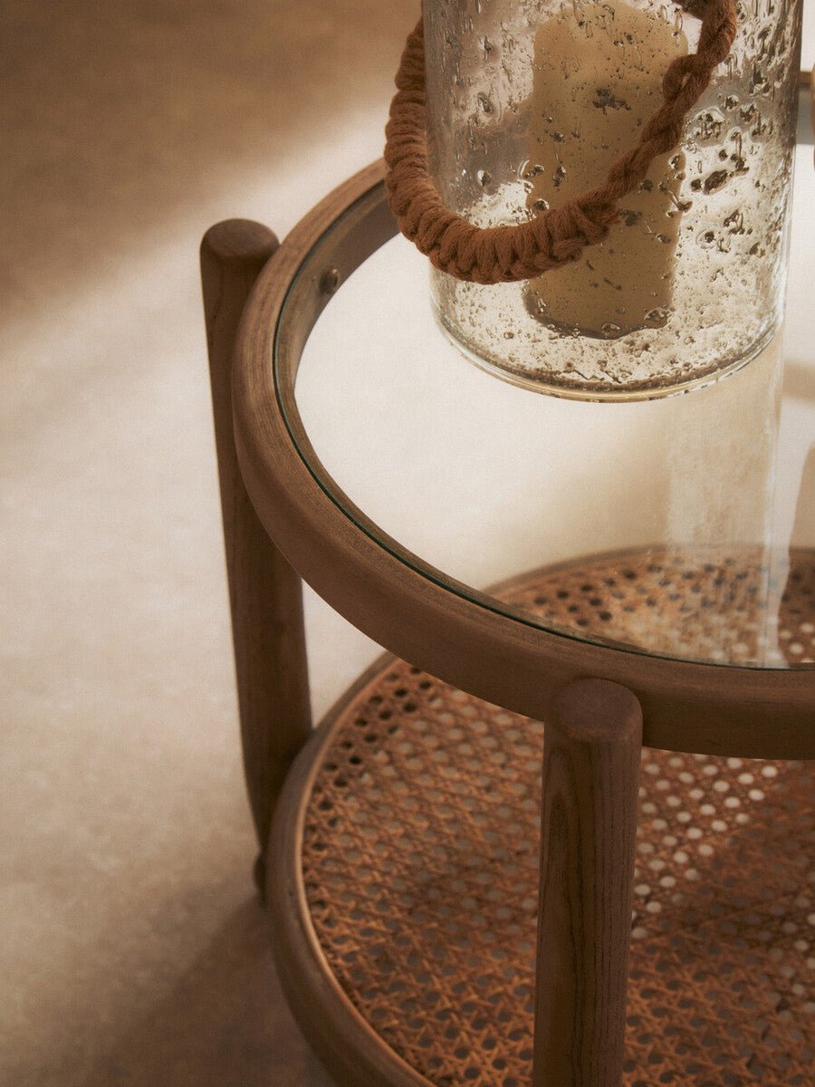Grey Wash Elm Wood Side Table with Glass Top and Cane Shelf, Cebu - Joe’s Haven
