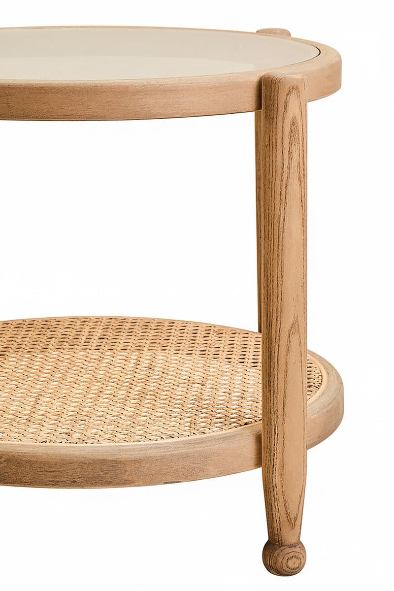 Grey Wash Elm Wood Side Table with Glass Top and Cane Shelf, Cebu - Joe’s Haven