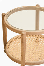 Grey Wash Elm Wood Side Table with Glass Top and Cane Shelf, Cebu - Joe’s Haven