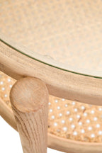 Grey Wash Elm Wood Side Table with Glass Top and Cane Shelf, Cebu - Joe’s Haven