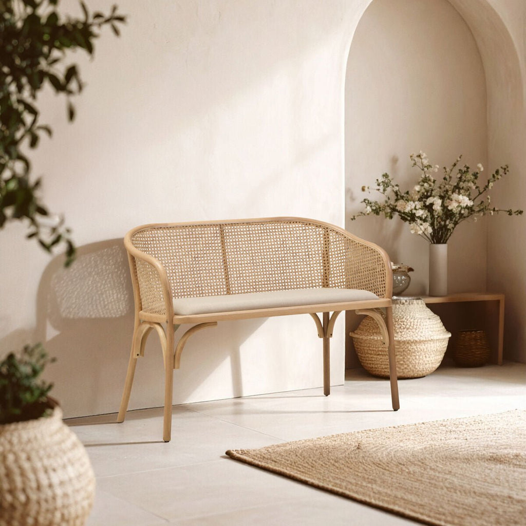 Cebu Natural Cane and Beech Wood Bench with Backrest - Joe’s Haven