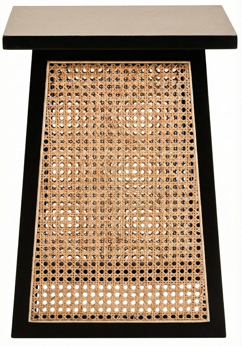 Black Elm Wood Side Table with Woven Natural Cane Panels, Cebu - Joe’s Haven