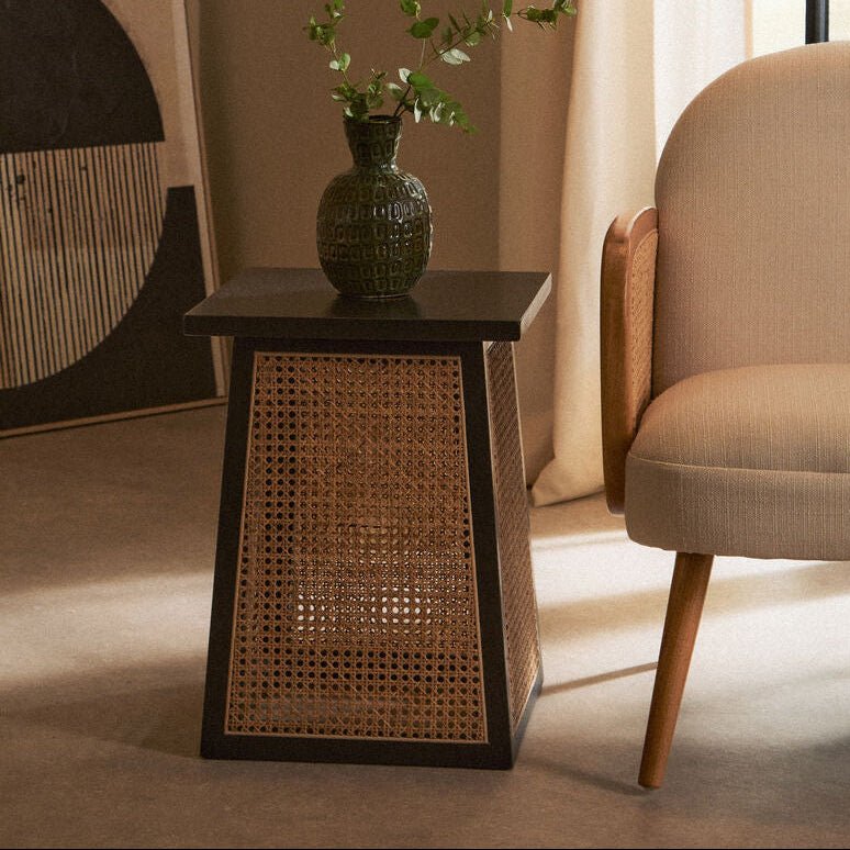 Black Elm Wood Side Table with Woven Natural Cane Panels, Cebu - Joe’s Haven