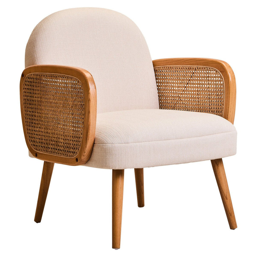 Cebu Ivory Fabric and Cane Chair with Elm Wood Legs - Joe’s Haven