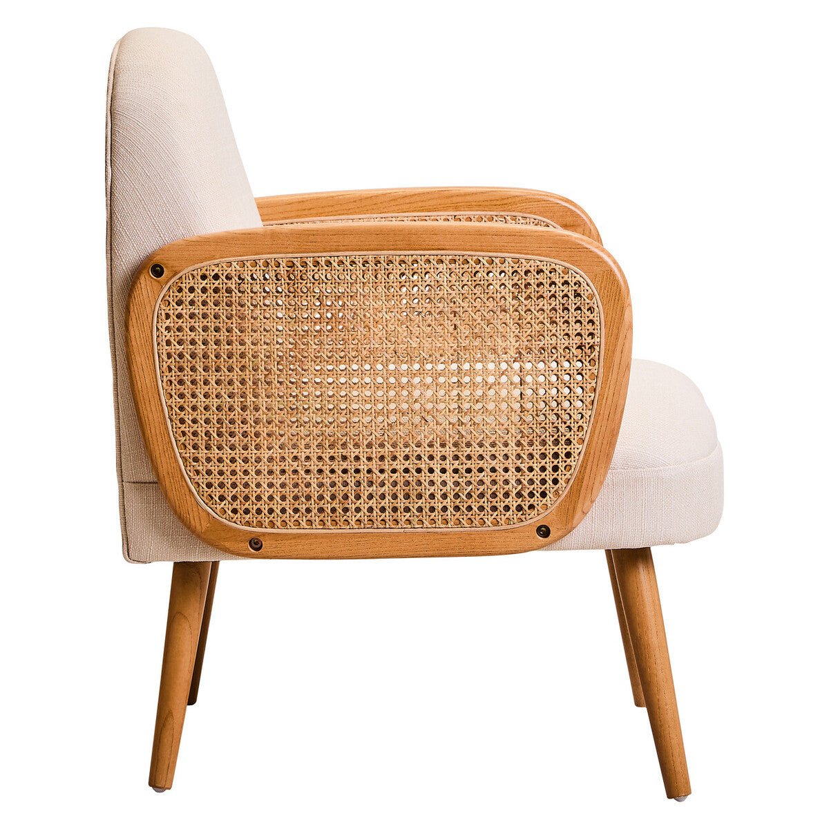 Cebu Ivory Fabric and Cane Chair with Elm Wood Legs - Joe’s Haven