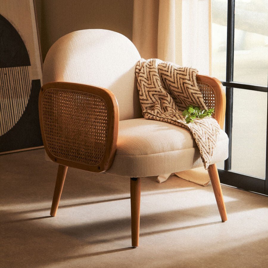 Cebu Ivory Fabric and Cane Chair with Elm Wood Legs - Joe’s Haven
