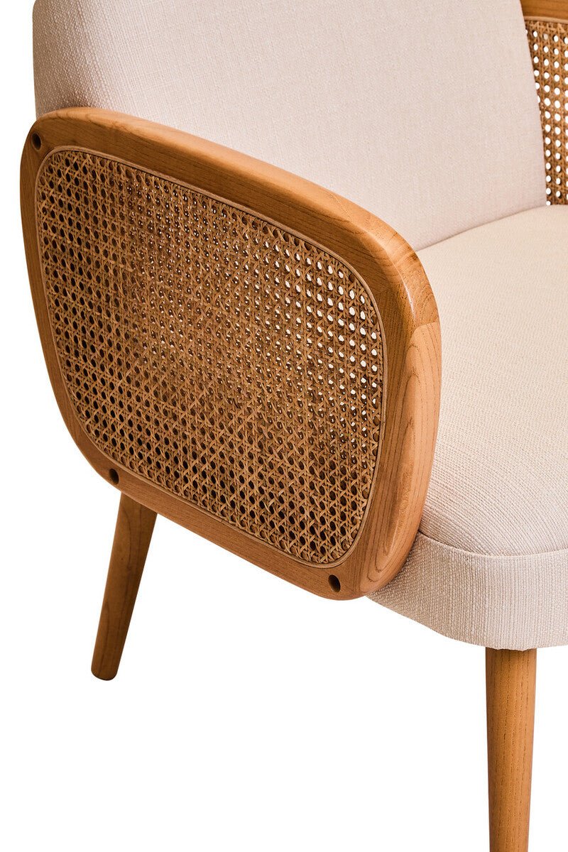 Cebu Ivory Fabric and Cane Chair with Elm Wood Legs - Joe’s Haven