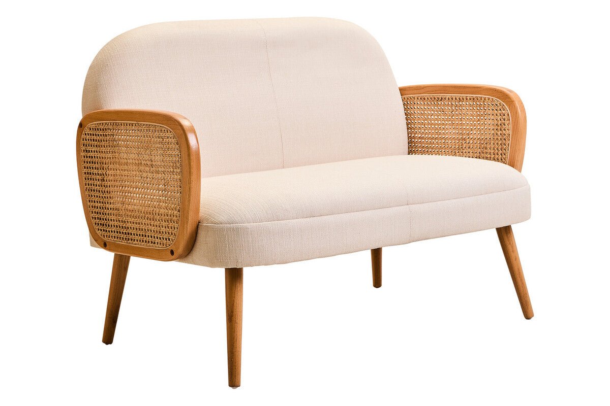 Cebu Ivory Fabric and Cane 2 Seat Sofa with Elm Wood Legs - Joe’s Haven