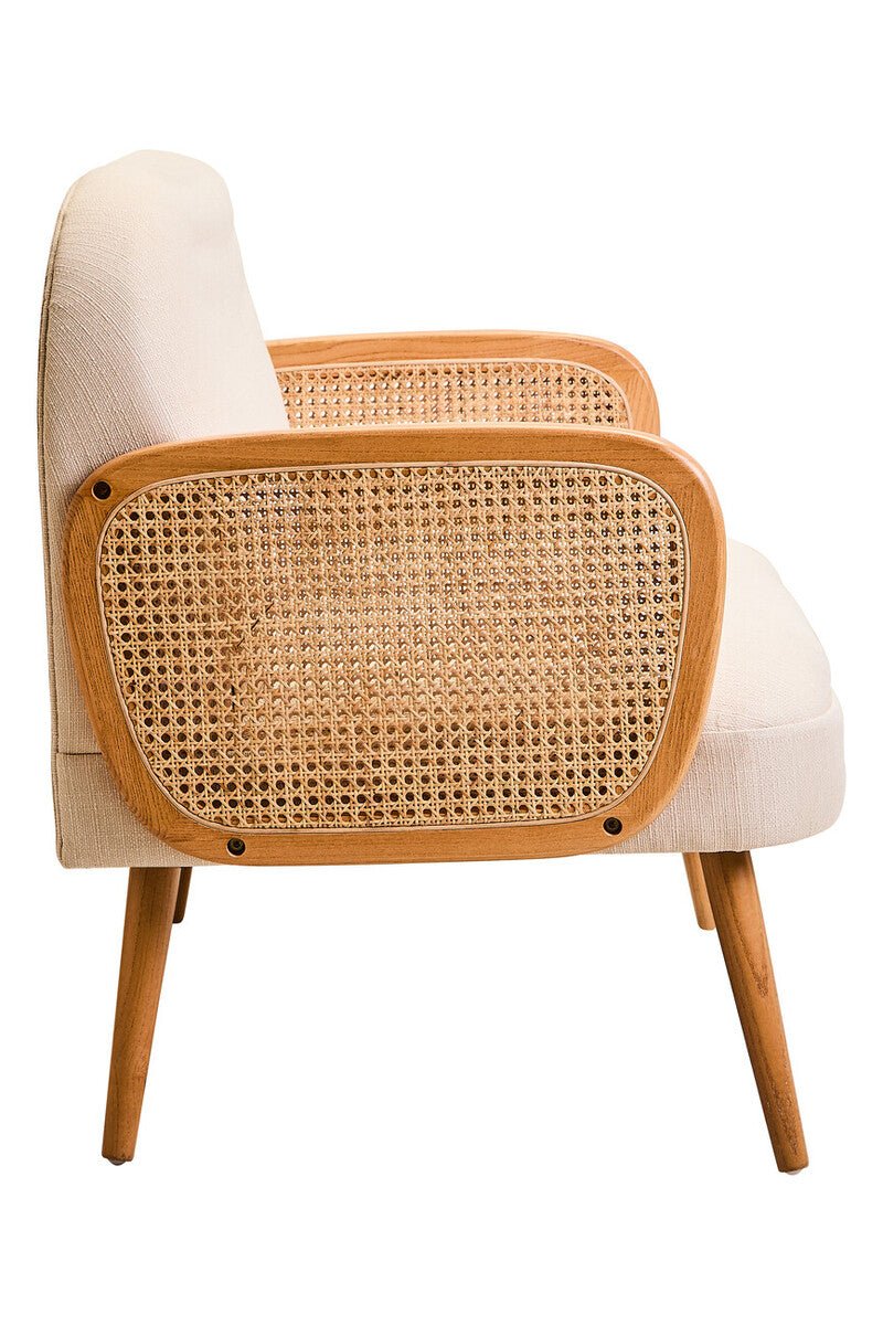 Cebu Ivory Fabric and Cane 2 Seat Sofa with Elm Wood Legs - Joe’s Haven