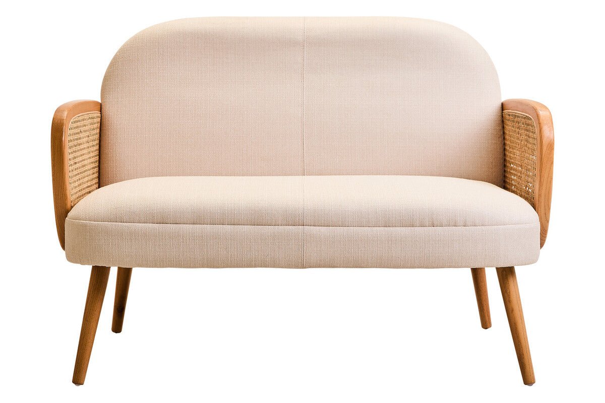 2 Seater Ivory Fabric and Cane Sofa with Elm Wood Legs, Cebu - Joe’s Haven