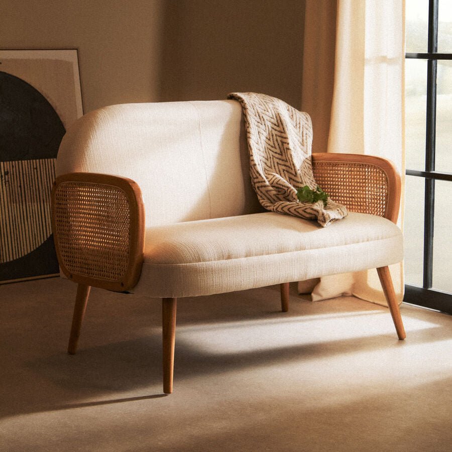 2 Seater Ivory Fabric and Cane Sofa with Elm Wood Legs, Cebu - Joe’s Haven