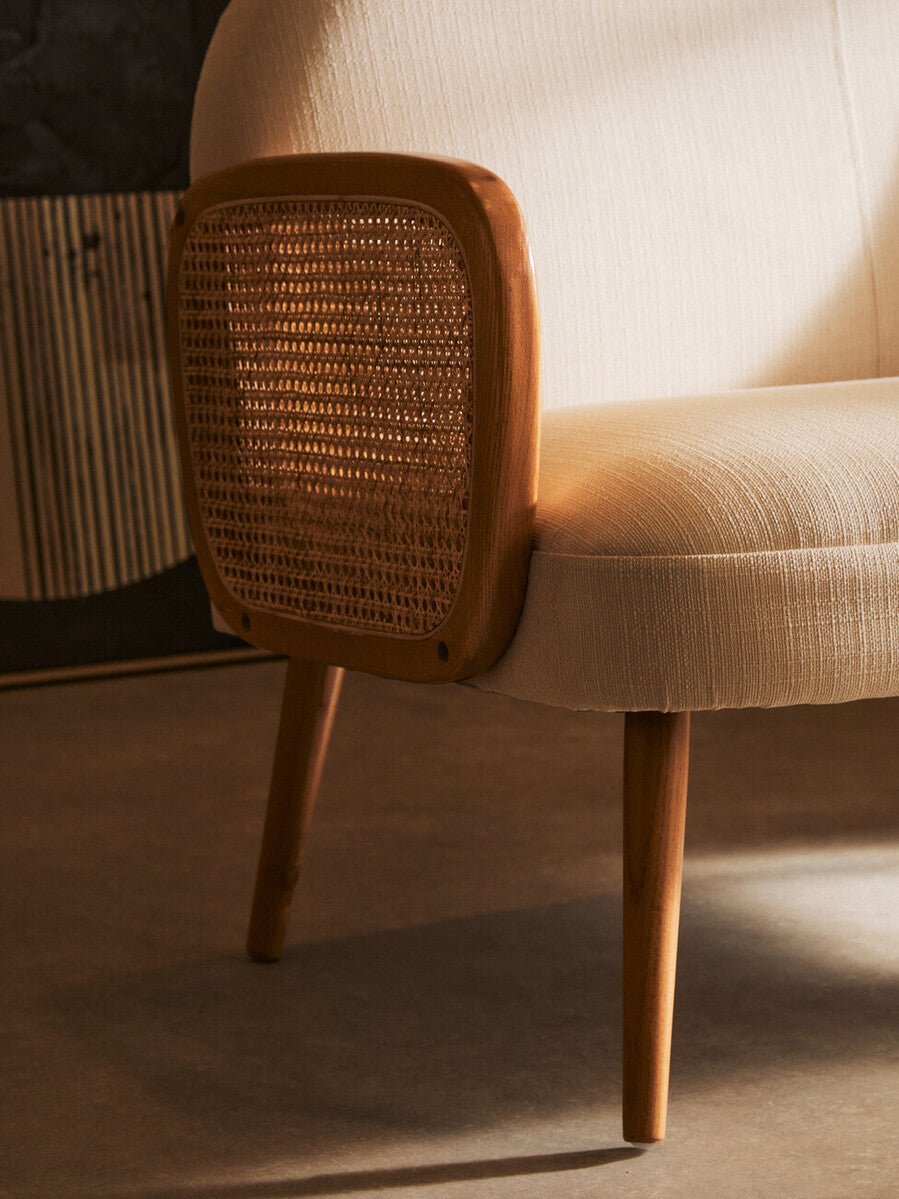 2 Seater Ivory Fabric and Cane Sofa with Elm Wood Legs, Cebu - Joe’s Haven