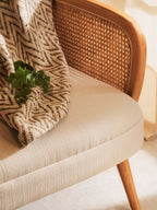 2 Seater Ivory Fabric and Cane Sofa with Elm Wood Legs, Cebu - Joe’s Haven