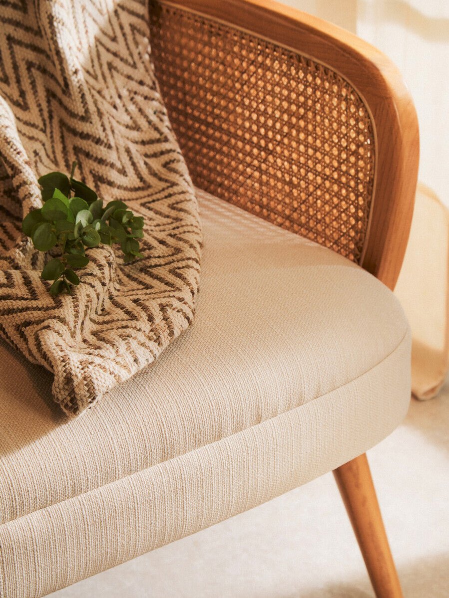 2 Seater Ivory Fabric and Cane Sofa with Elm Wood Legs, Cebu - Joe’s Haven