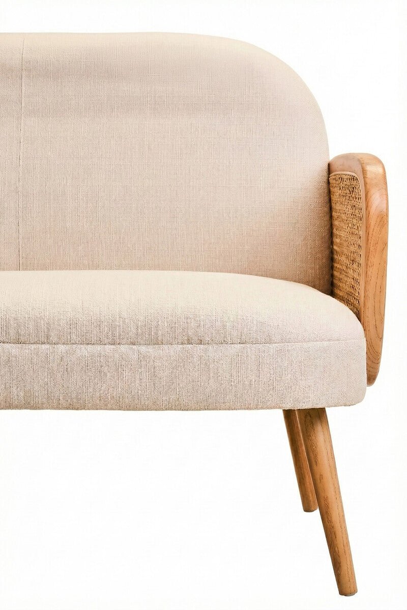 Cebu Ivory Fabric and Cane 2 Seat Sofa with Elm Wood Legs - Joe’s Haven