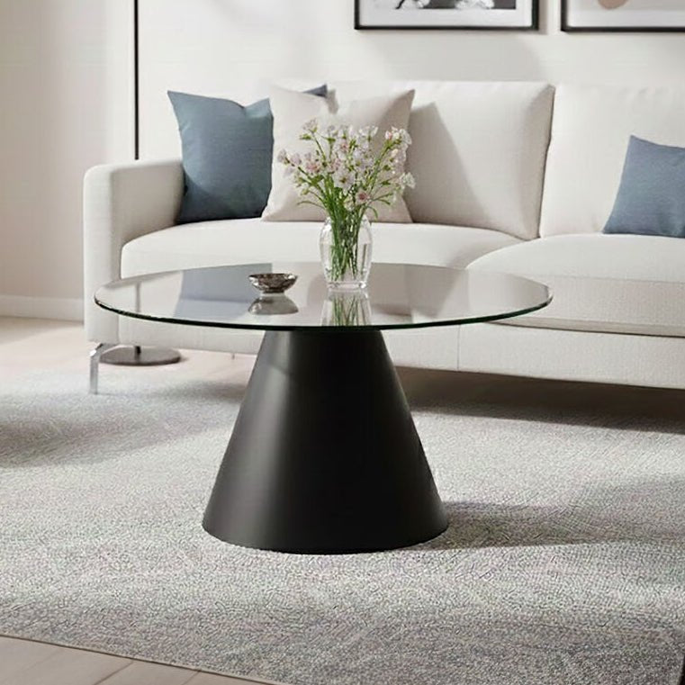 Clear Glass Round Top Coffee Table with Black Conical Metal Base, Azalea - Joe’s Haven