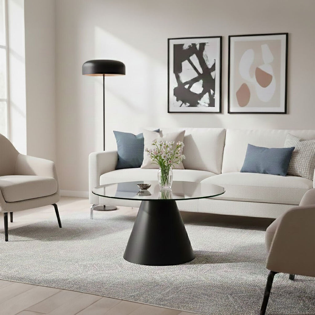 Clear Glass Round Top Coffee Table with Black Conical Metal Base, Azalea - Joe’s Haven