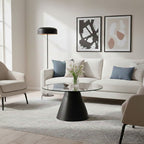 Clear Glass Round Top Coffee Table with Black Conical Metal Base, Azalea - Joe’s Haven