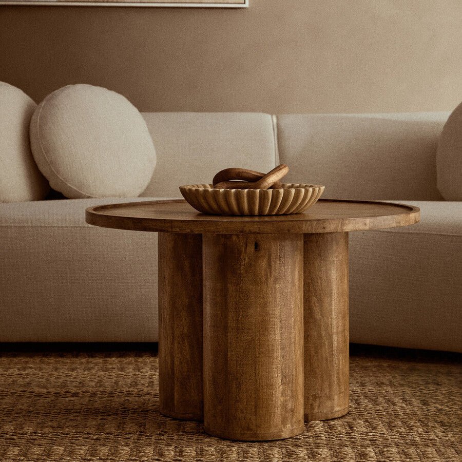 Natural Mango Wood Coffee Table with Column Base and Rounded Top, Walsa - Joe’s Haven