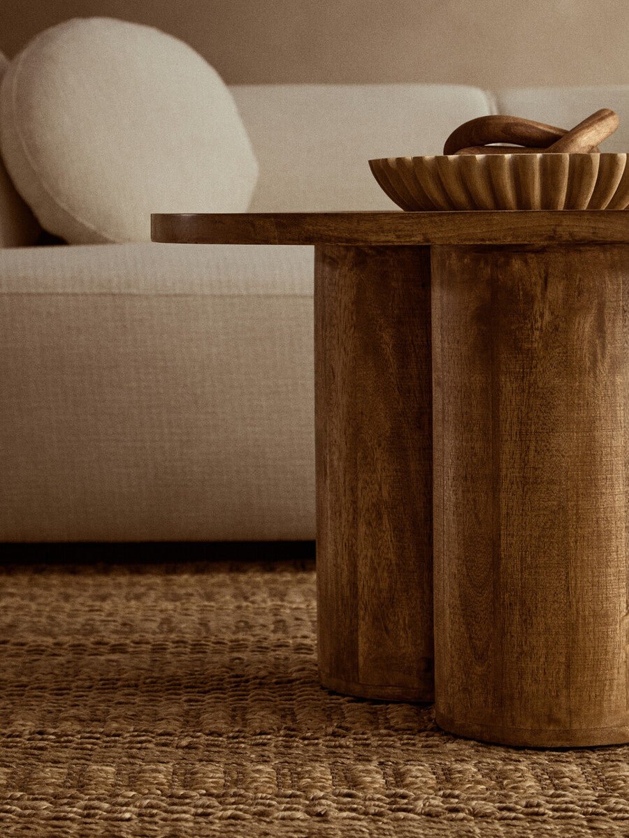 Natural Mango Wood Coffee Table with Column Base and Rounded Top, Walsa - Joe’s Haven