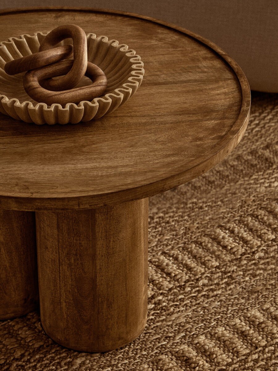 Natural Mango Wood Coffee Table with Column Base and Rounded Top, Walsa - Joe’s Haven
