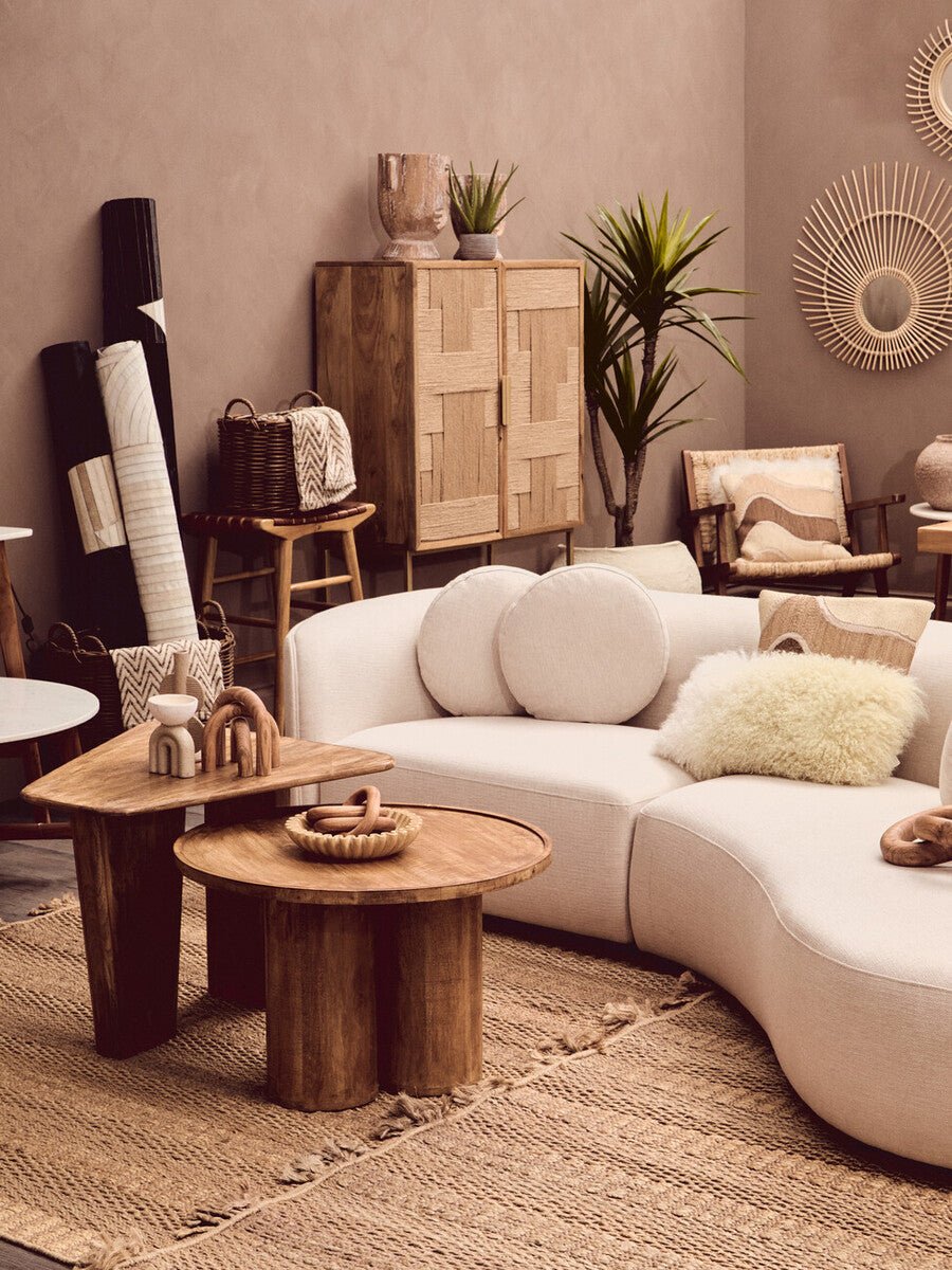 Natural Mango Wood Coffee Table with Column Base and Rounded Top, Walsa - Joe’s Haven
