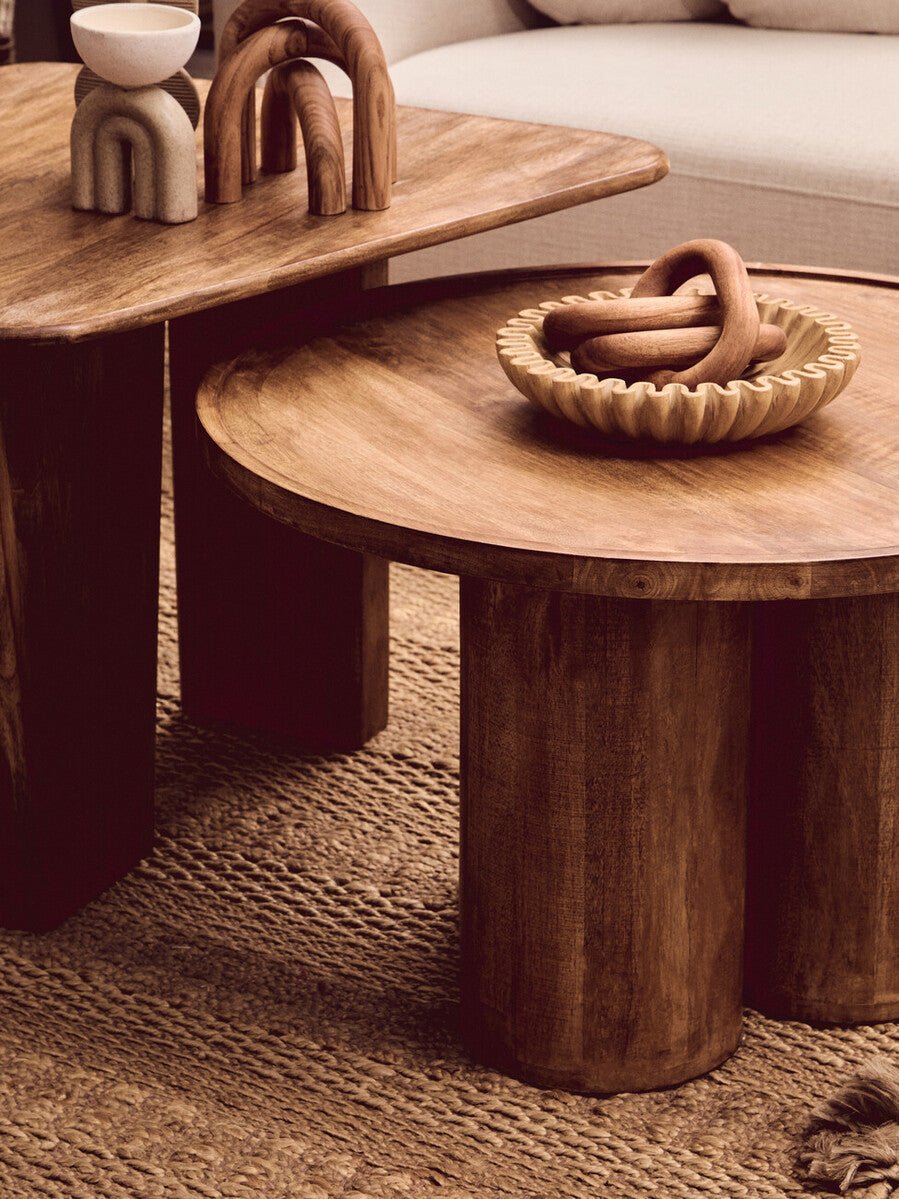 Natural Mango Wood Coffee Table with Column Base and Rounded Top, Walsa - Joe’s Haven