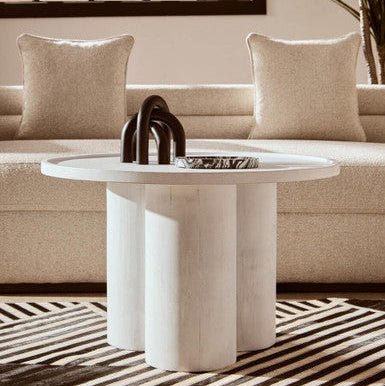 Whitewash Mango Wood Coffee Table with Column Base and Rounded Top, Walsa - Joe’s Haven