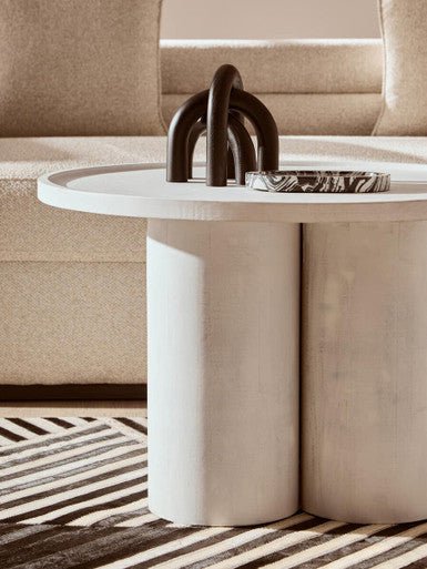 Whitewash Mango Wood Coffee Table with Column Base and Rounded Top, Walsa - Joe’s Haven