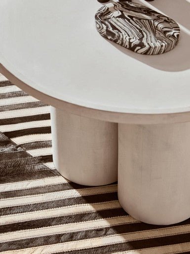 Whitewash Mango Wood Coffee Table with Column Base and Rounded Top, Walsa - Joe’s Haven