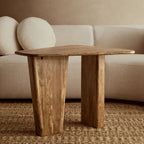 Natural Finish Mango Wood Pedestal Coffee Table with Ridged Base, Walsa - Joe’s Haven