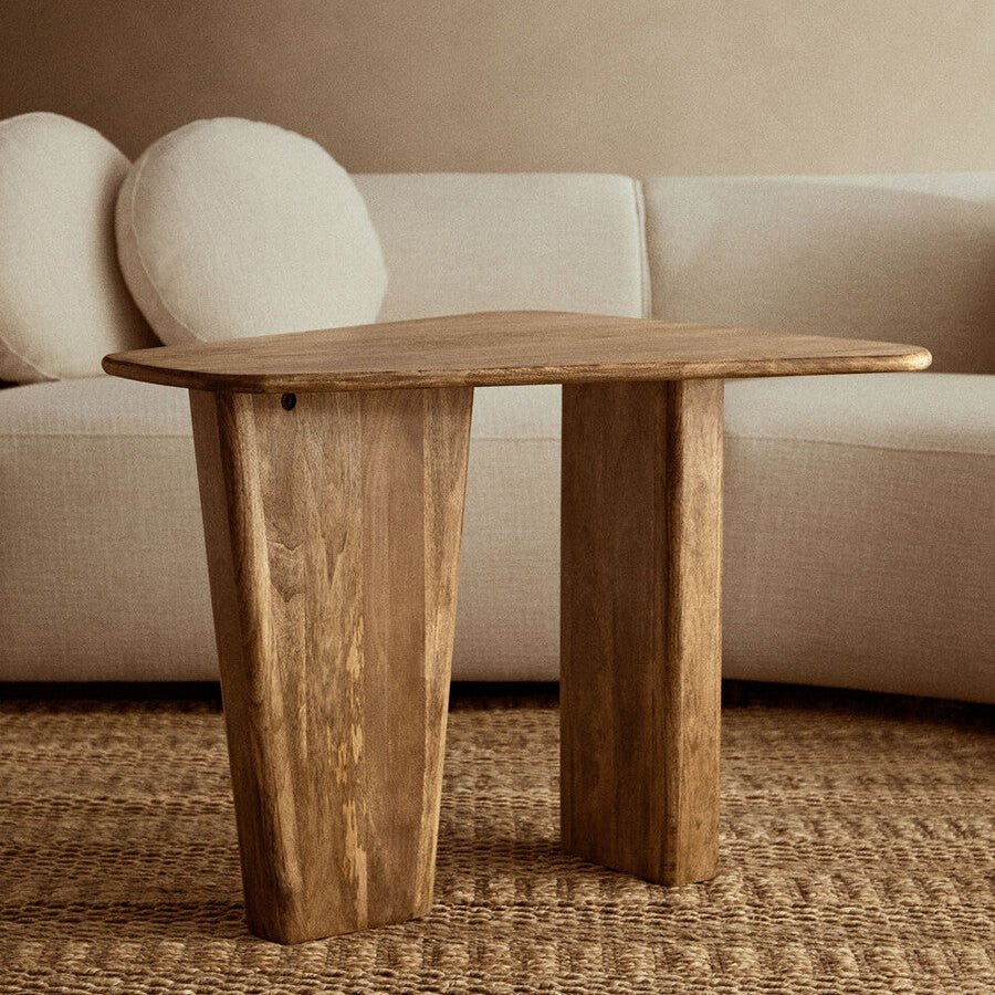 Natural Finish Mango Wood Pedestal Coffee Table with Ridged Base, Walsa - Joe’s Haven