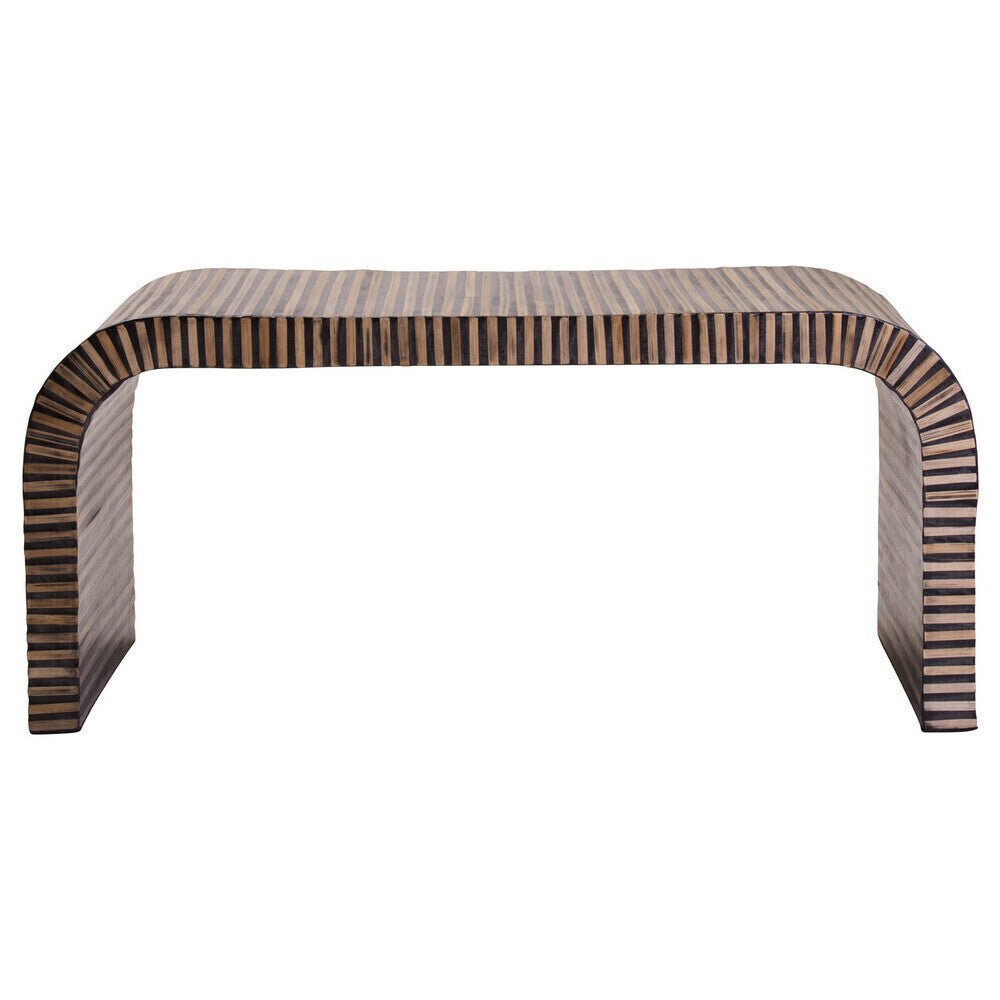 Natural Finish Curved Coffee Table with Striped Bamboo Inlay, Bambusa - Joe’s Haven