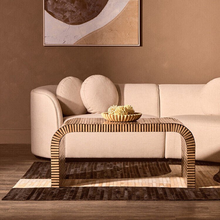 Natural Finish Curved Coffee Table with Striped Bamboo Inlay, Bambusa - Joe’s Haven