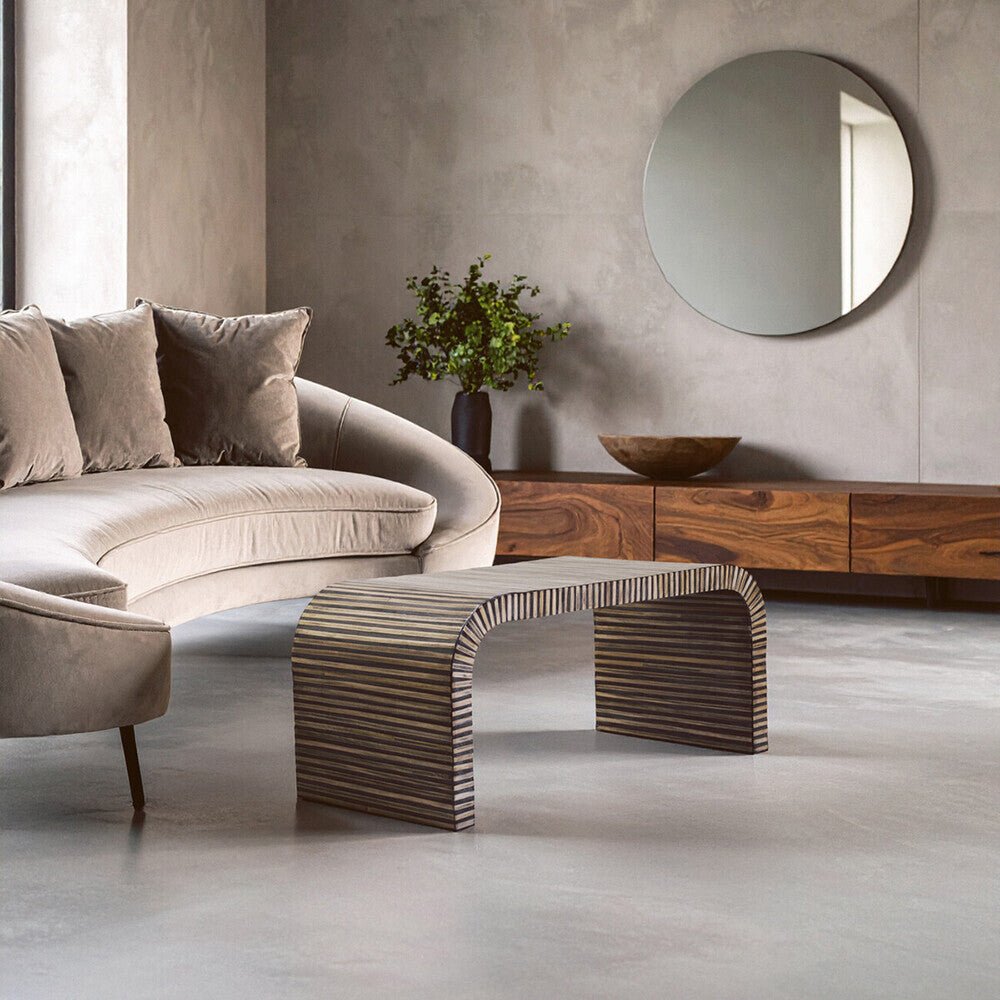 Natural Finish Curved Coffee Table with Striped Bamboo Inlay, Bambusa - Joe’s Haven