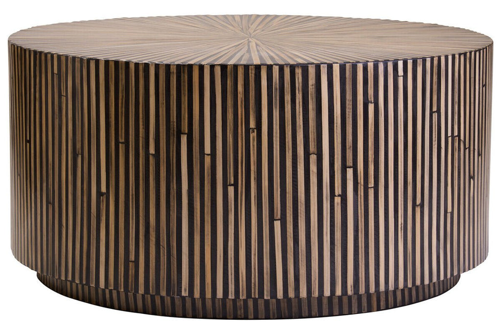 Natural Round Bamboo Inlay Coffee Table with Textured Sunburst Top, Bambusa - Joe’s Haven