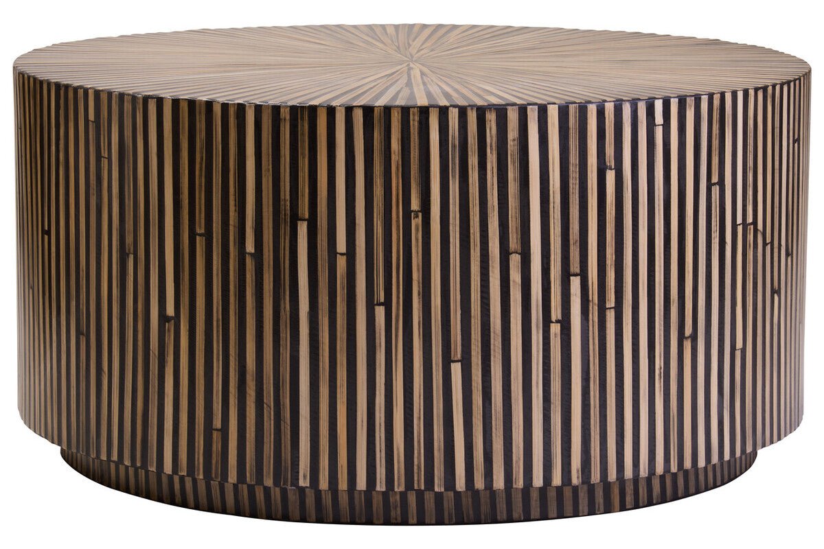Natural Round Bamboo Inlay Coffee Table with Textured Sunburst Top, Bambusa - Joe’s Haven