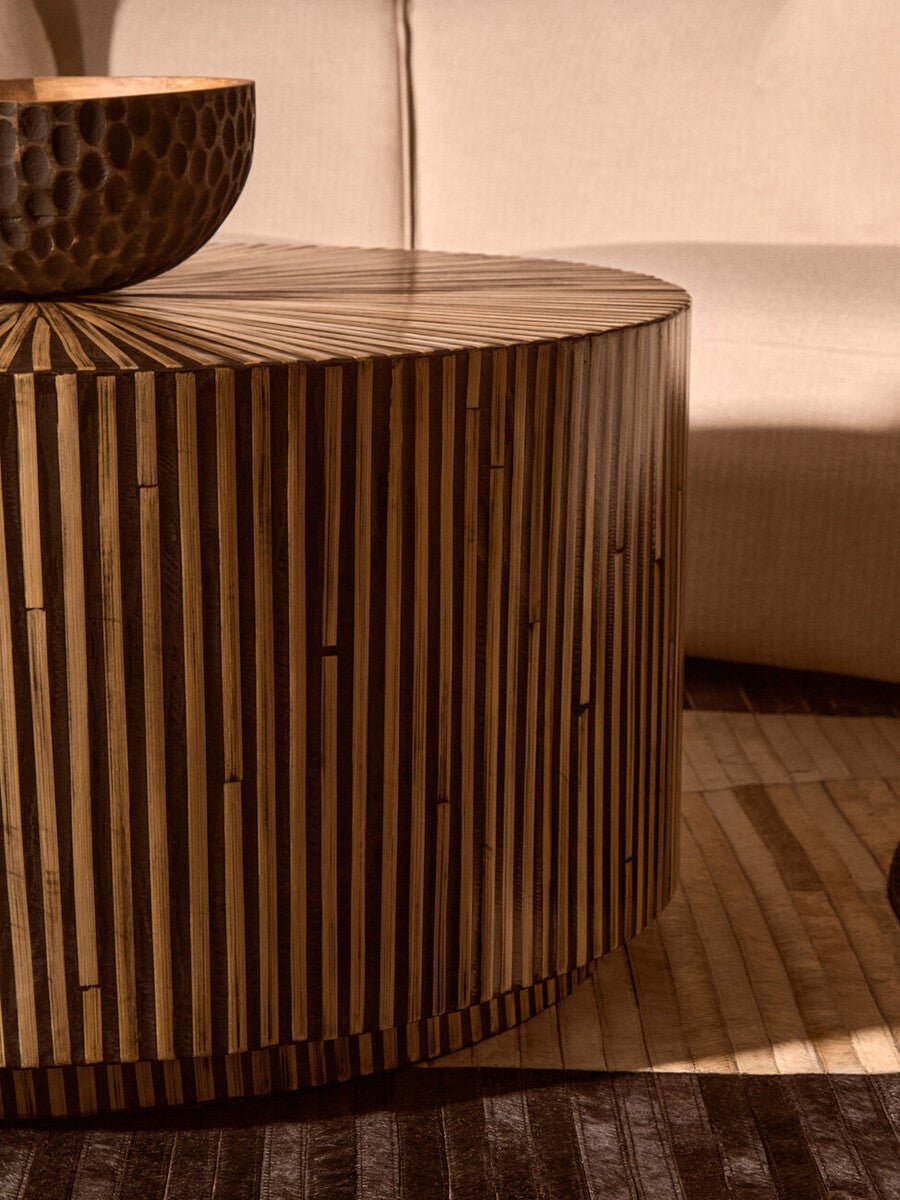 Natural Round Bamboo Inlay Coffee Table with Textured Sunburst Top, Bambusa - Joe’s Haven