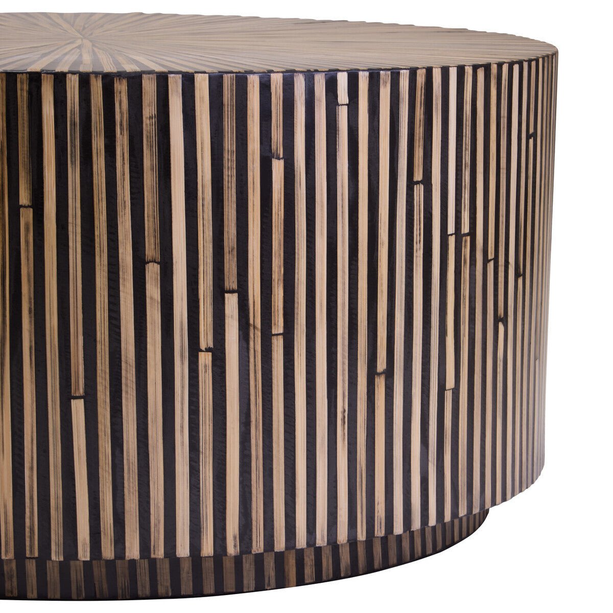 Natural Round Bamboo Inlay Coffee Table with Textured Sunburst Top, Bambusa - Joe’s Haven