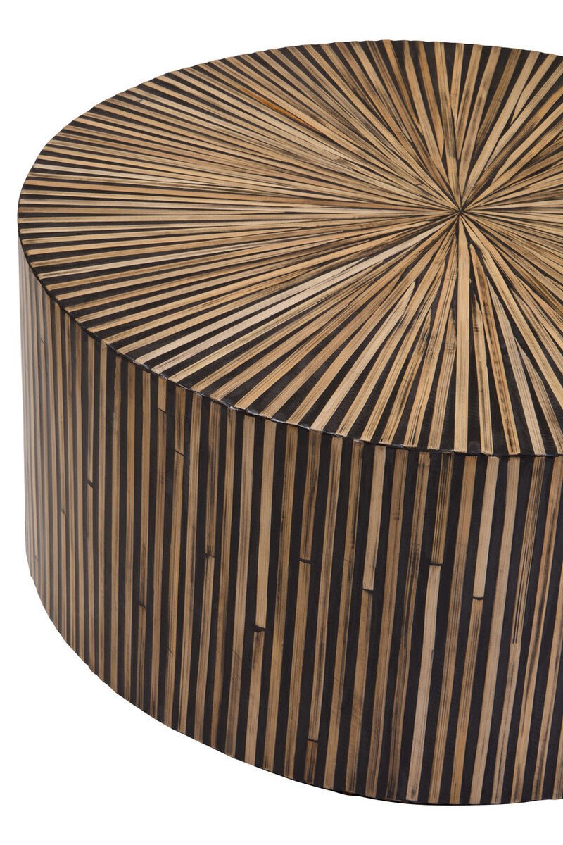 Natural Round Bamboo Inlay Coffee Table with Textured Sunburst Top, Bambusa - Joe’s Haven