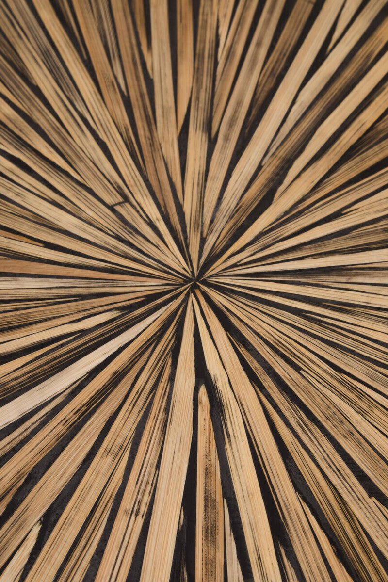 Natural Round Bamboo Inlay Coffee Table with Textured Sunburst Top, Bambusa - Joe’s Haven